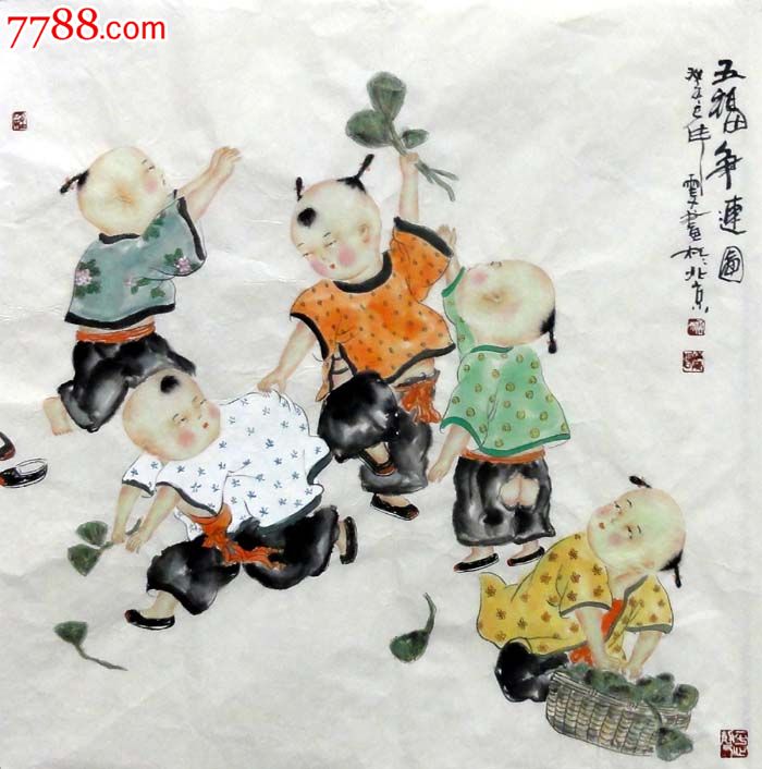 室内餐厅玄关装饰云天四尺斗方人物作品【五福争莲图】p6666