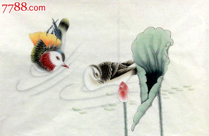 客厅卧室挂画新婚好礼无款四尺三开工笔国画花鸟作品【鸳鸯】p6060
