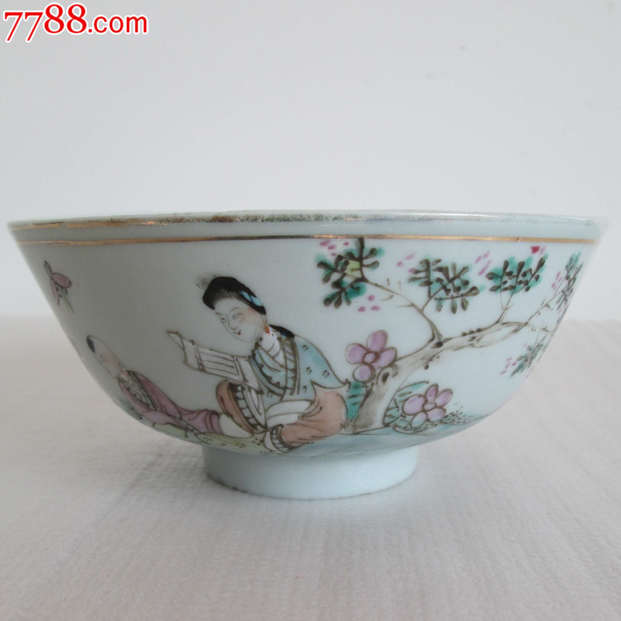 民国,范子楠,粉彩桃花美女仕女碗,薄胎细路子