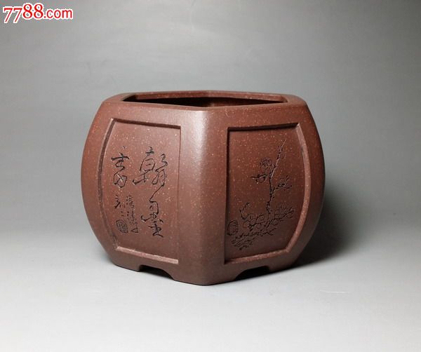 潘涛全手工制并刻绘紫泥六方凹奎鼓凳形盆 宜兴紫砂