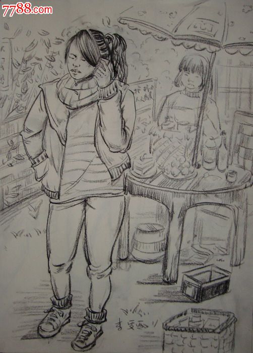 【画院学生·素描素描绘画原稿】水果摊前打电话的女孩