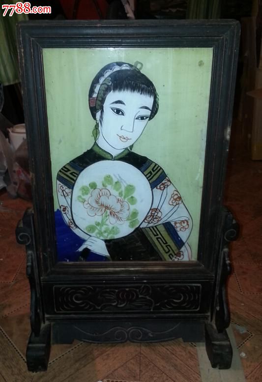 特价清末民国玻璃画人物仕女手拿扇子图座镜插屏包老怀旧收藏稀少