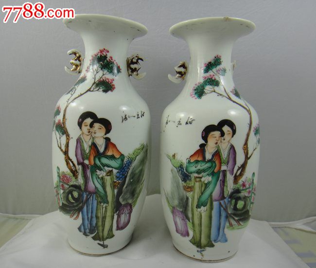 小步古玩※晚清民国时期绘画精美的竹里馆人物花瓶一对