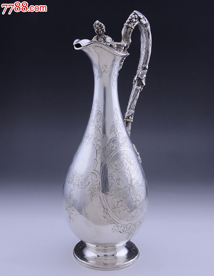 西洋古董银器收藏英国1859年925纯银手工錾花葡萄藤蔓宴会酒壶