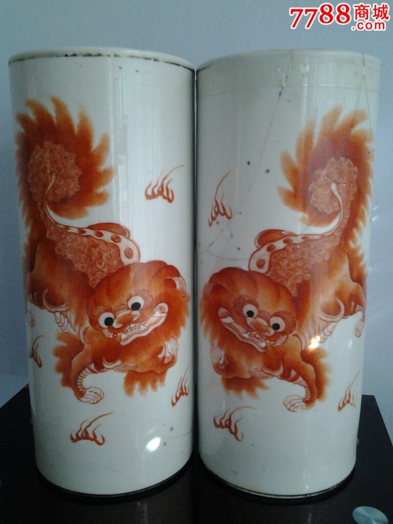 清方家珍红彩狮子图帽桶一对