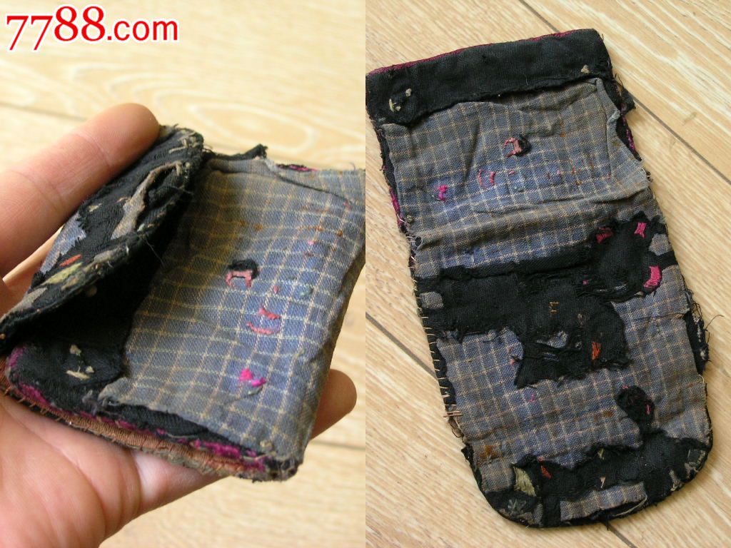 刺绣收藏150224-边疆早期手工绣人物花卉对折棉布老荷包针线包