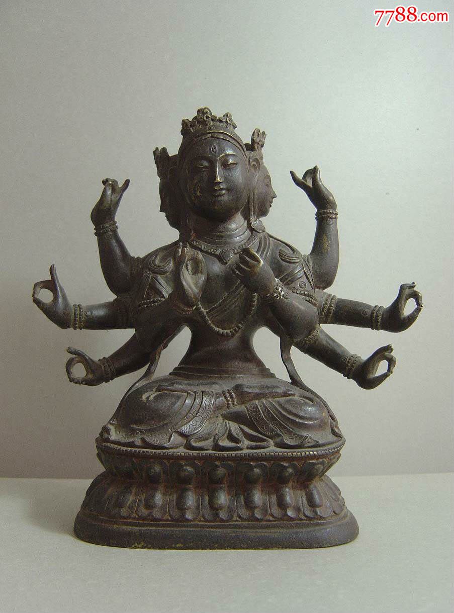 清代铜三头六臂观音坐佛