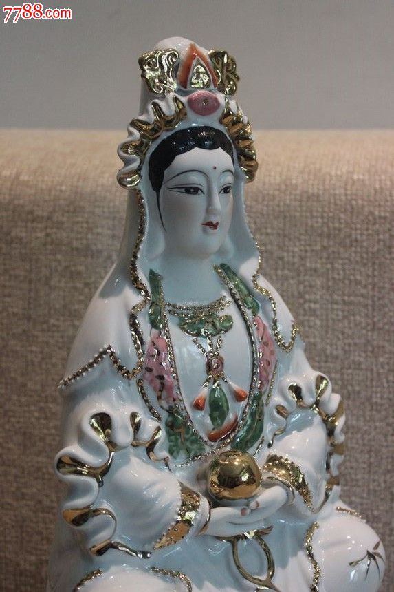 九十年代白瓷彩绘描金抱珠坐莲观音佛像陶瓷金衣观世音菩萨摆件