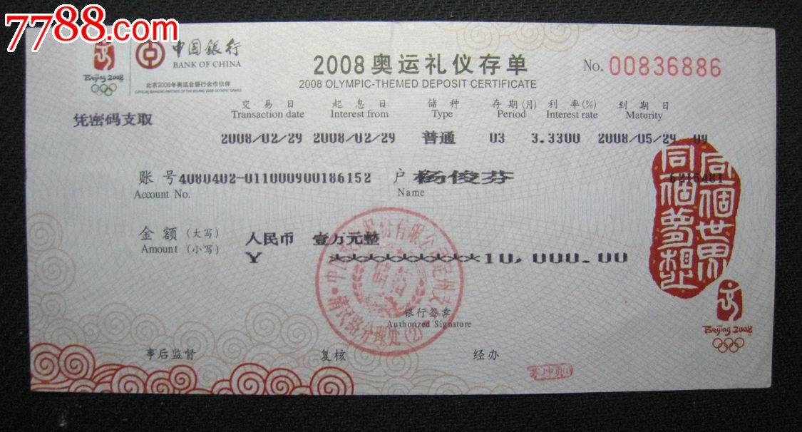 奥运存单,存单/存折,其他储蓄存单,年代不详,产地不详,中国银行,定期