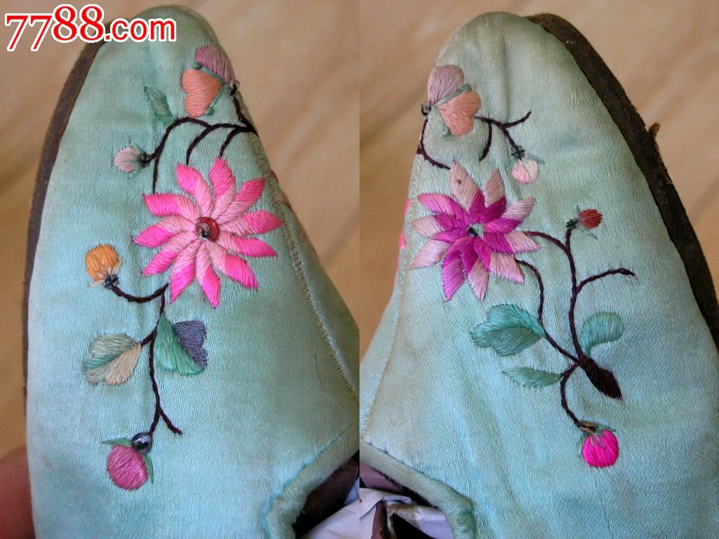 刺繡收藏140301-邊疆早期綠緞面繡花皮底三寸金蓮小腳布鞋