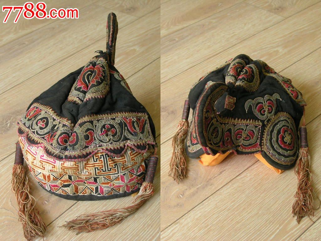 刺绣收藏140305-边疆早期民族地区厚底手工绣花鸡冠帽少见
