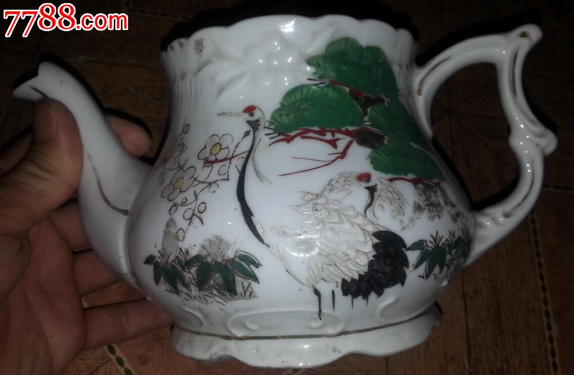 特价民国造型奇特仙鹤等图茶壶一把包老瓷器标本