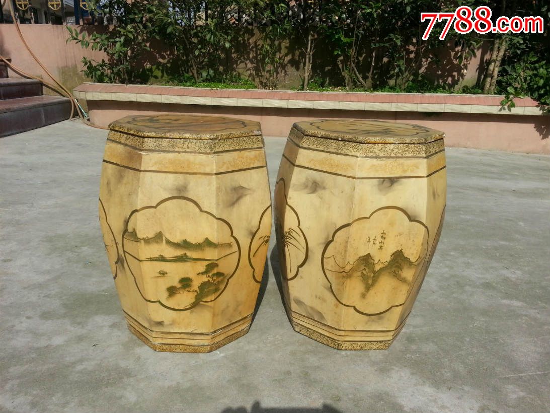 国画清风亮节木花鼓桶一对凳子收纳桶-se29585845-木桶/木盆-零售