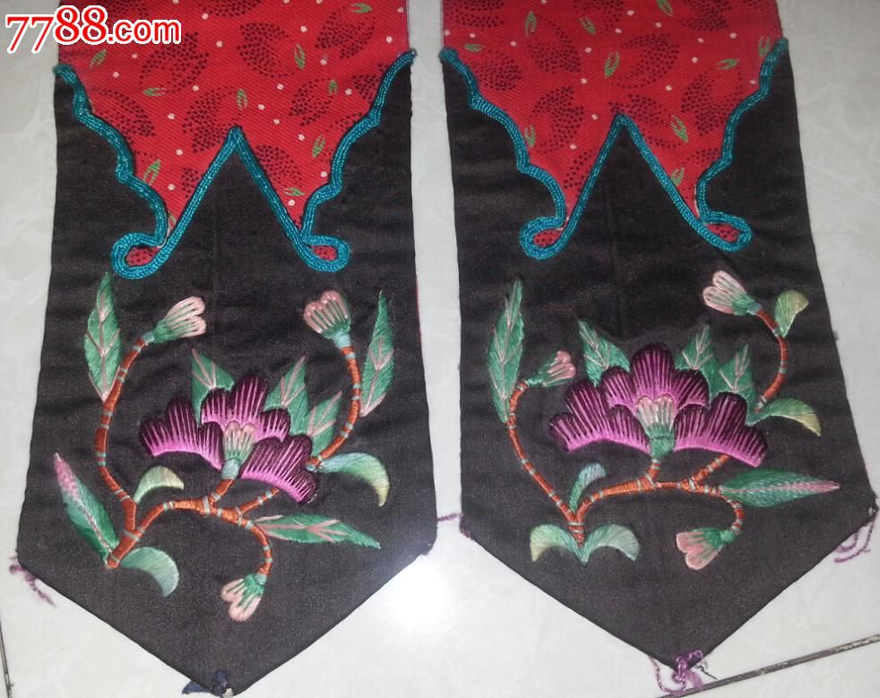 特价绣工精美花卉图门帘边挂件一对包老绣片绣品刺绣老布艺