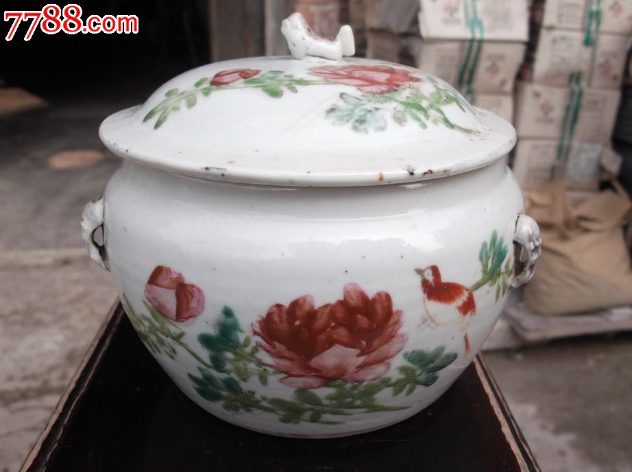 光绪名家少山粉彩花鸟粥罐