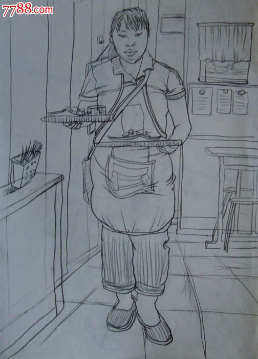 【画院学生·素描绘画原稿】人物·饭店服务员