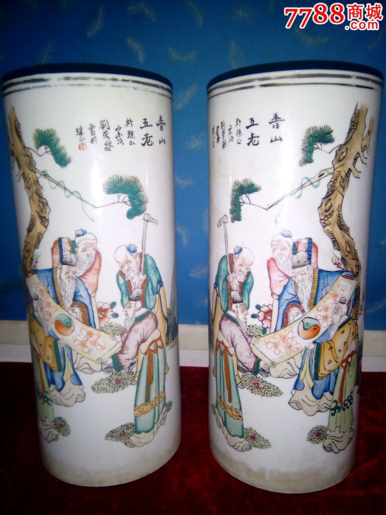 民国粉彩人物帽筒,名人刘荣盛画,全好