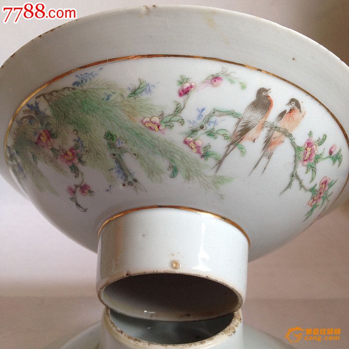 民国江福昌作浅绛花鸟纹高足盘一对-se30361621-彩绘