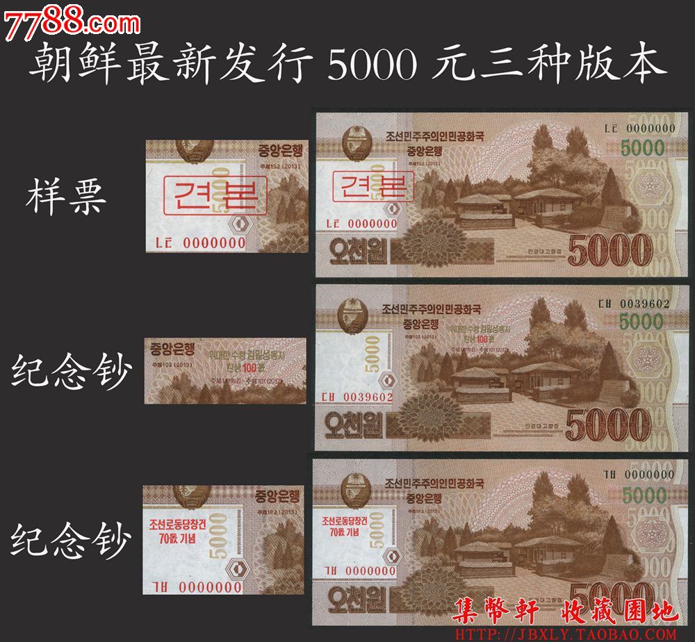 2015年朝鮮最新發行的5000元,三種加蓋版本,全新unc