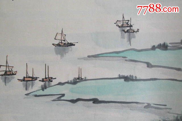 旧裱娄江宋文治款"太湖帆影"彩墨立轴,水天一色,帆影点点,春风又绿江