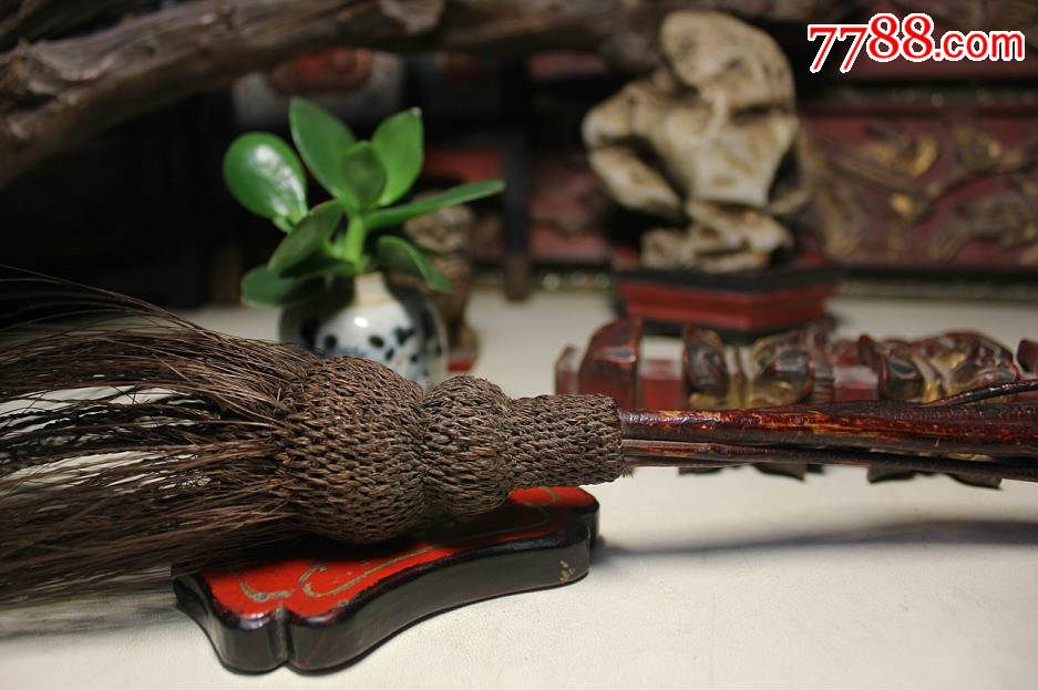 民国雕寿桃棕丝老拂尘