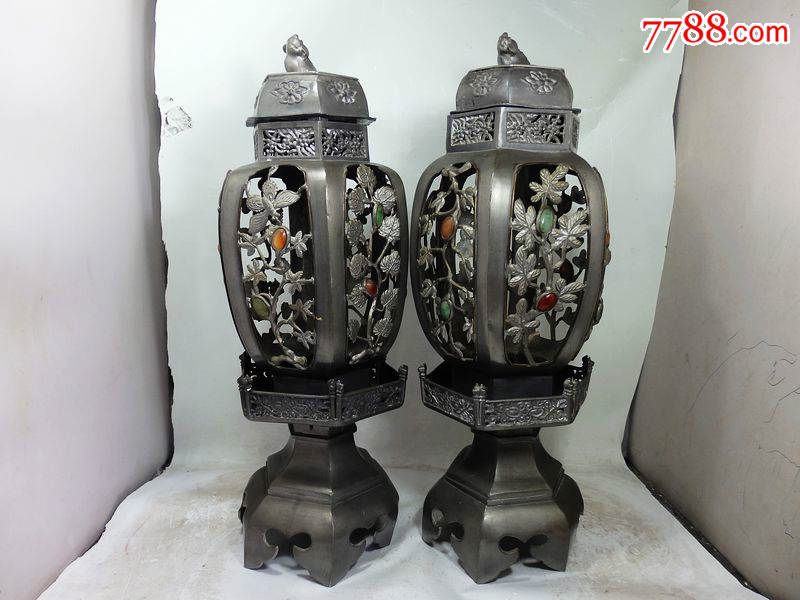 清代锡制玛瑙镶嵌镂空六方宫灯一对_价格6800.