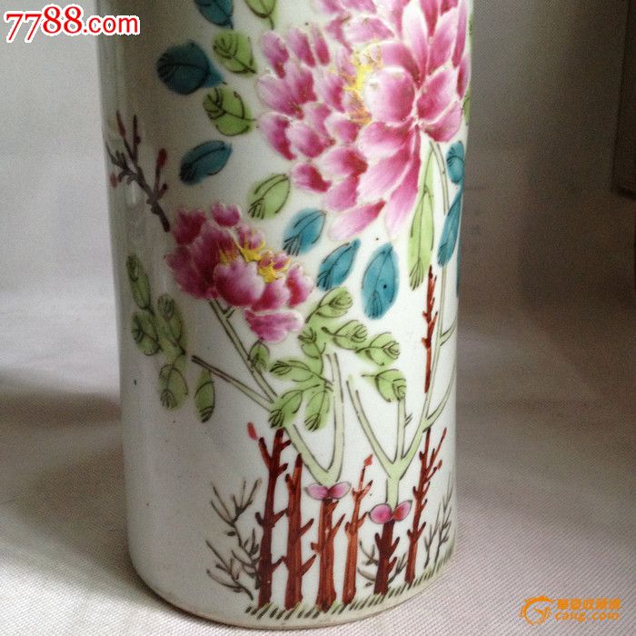 民国名家汪眉作粉彩富贵白头纹帽筒