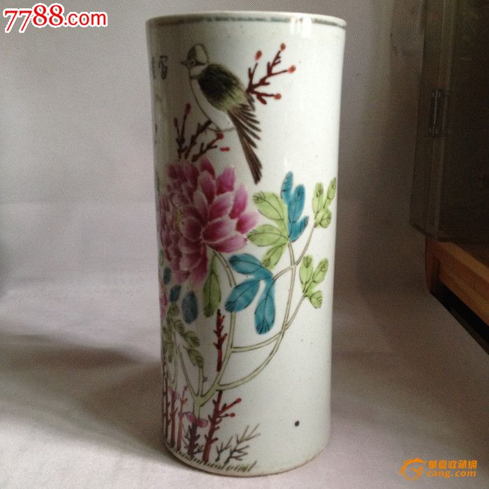 民国名家汪眉作粉彩富贵白头纹帽筒