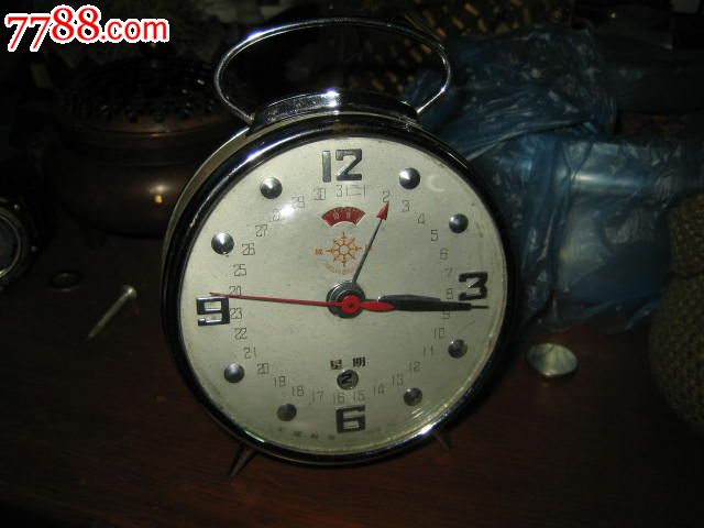 罕见==国产早期【舵牌】双历闹钟