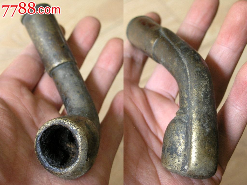 烟具收藏1507a11边疆民族地区早期大号厚料老铜烟锅烟嘴带冠