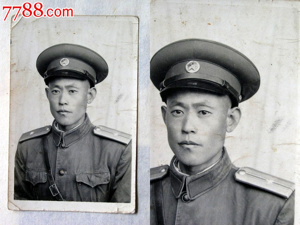 老照片收藏1401a15-50年代大檐帽志愿军干部单人照7.3-4.7cm