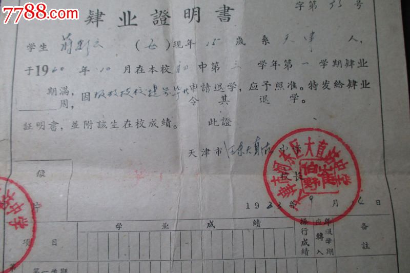 1963年===天津市河東區大直沽中學肄業證;有校長印章(少見)