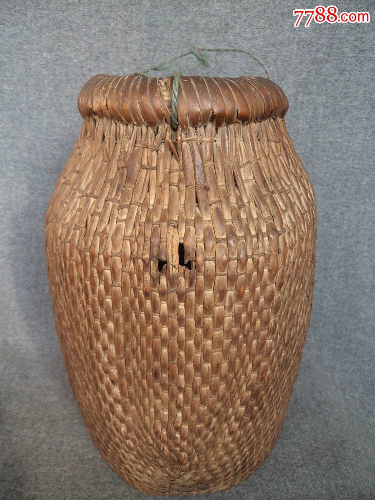 藤柳编圆口鱼篓胶东民俗粮食升背篓小筐古玩杂项老物件怀旧收藏-价格: