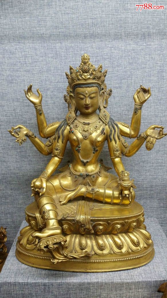 精美老件鎏金六臂观音神像包老到代高26cm-se31428998-七七八八钱币收