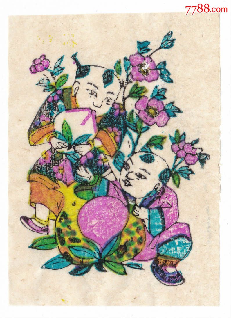 榴开百子图山东潍坊杨家埠木版手工印刷小型彩色年画