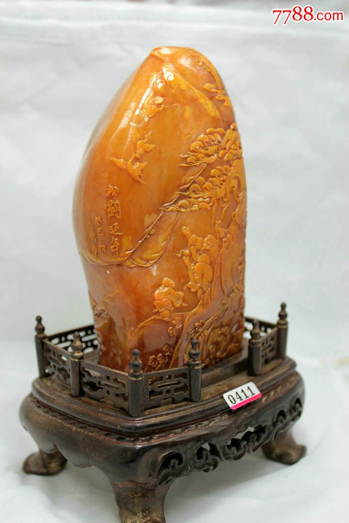 精品田黄石六德作浮雕松鹤延年随形摆件难得寿山田黄重842克