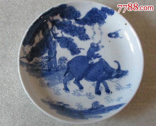 清中期【牧牛童】青花盘子两只直径16·2厘米包老