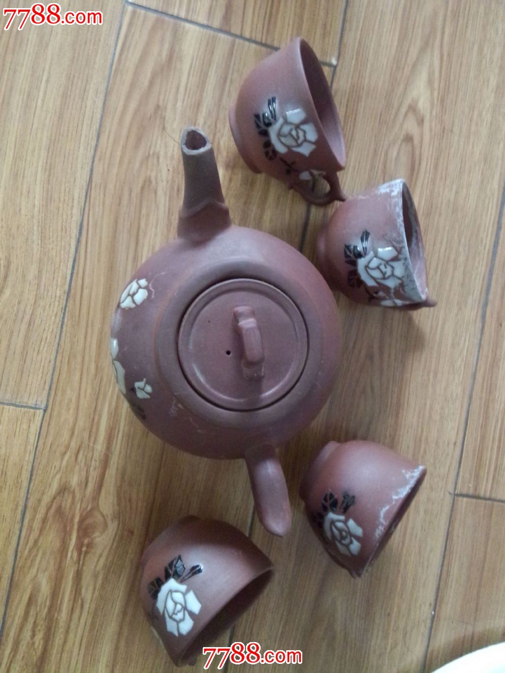 建国后四川荣昌陶安陶彩釉月季花纹茶壶茶杯一套