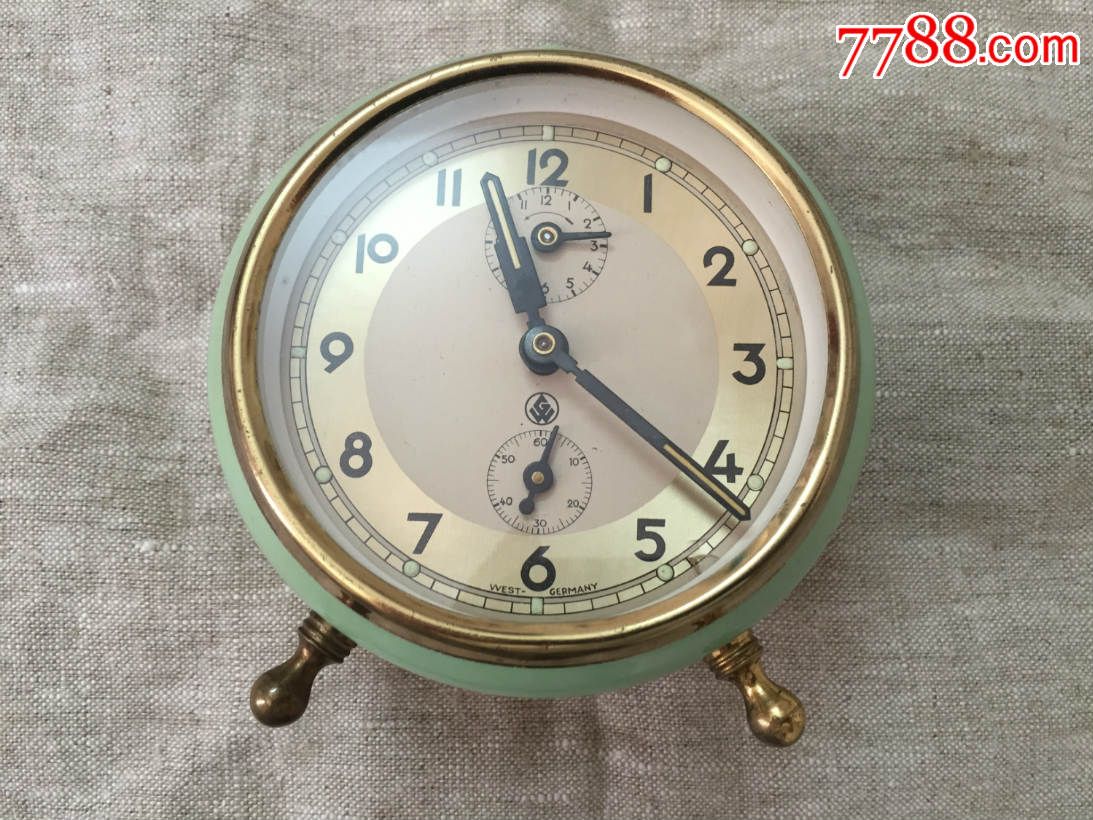 原装德国进口鎏金外壳四针机械闹钟座钟马蹄表