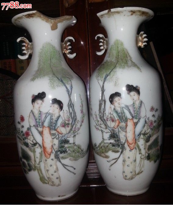 民国名家吴少锋手绘五彩粉彩人物双耳大花瓶一对包老稀少珠山西轩