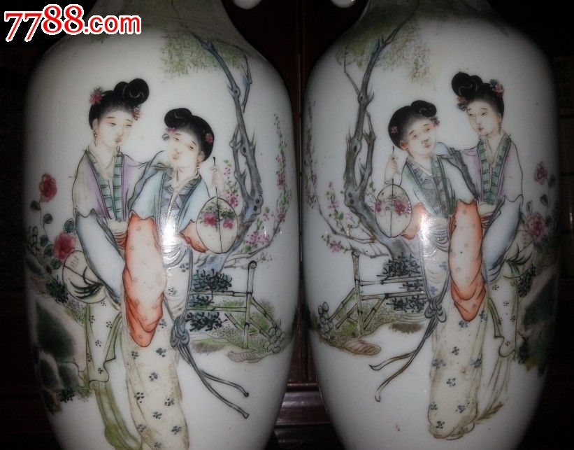 民国名家吴少锋手绘五彩粉彩人物双耳大花瓶一对包老稀少珠山西轩