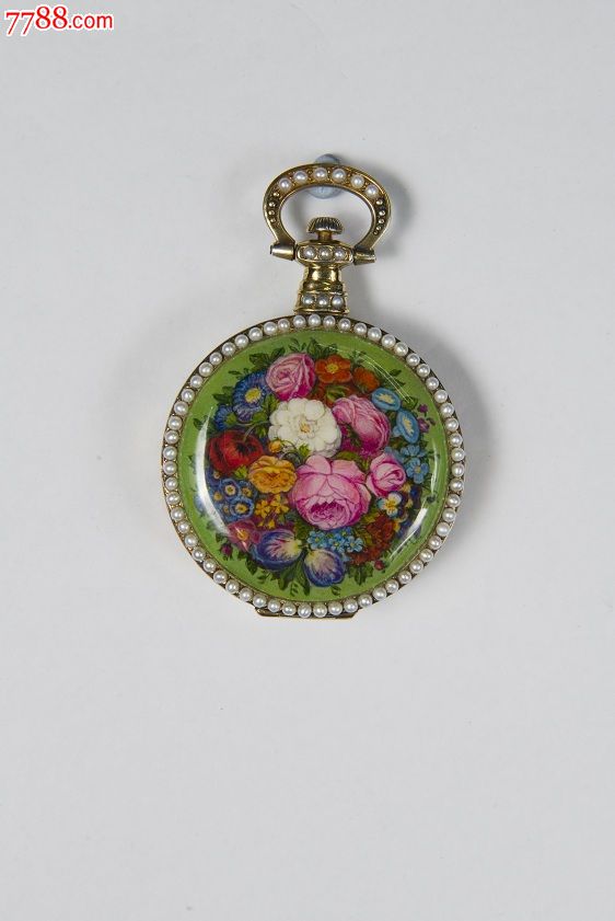 罕见(播喴)大八件珍珠口彩绘珐琅百花图古董老怀表--全原装--2!