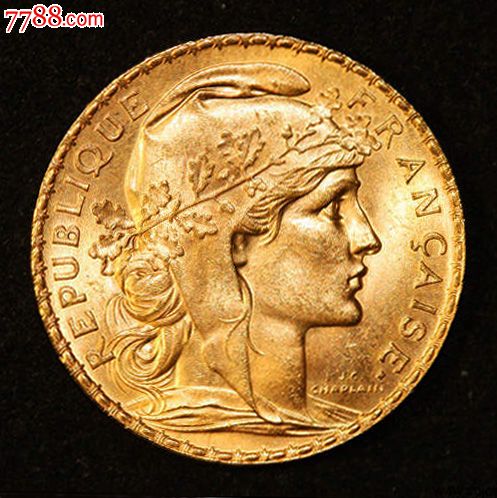 稀少金币-原铸底光极美品法国1909年高卢鸡20法郎老金币,欧洲钱币-->