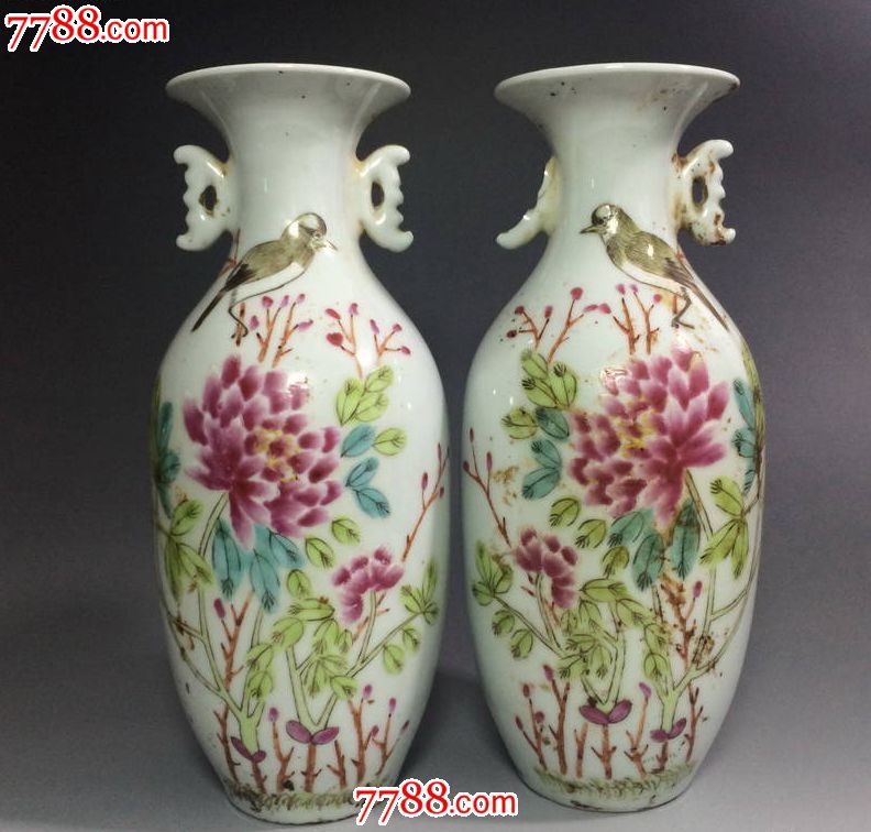 清末民国名家汪眉粉彩花鸟赏瓶