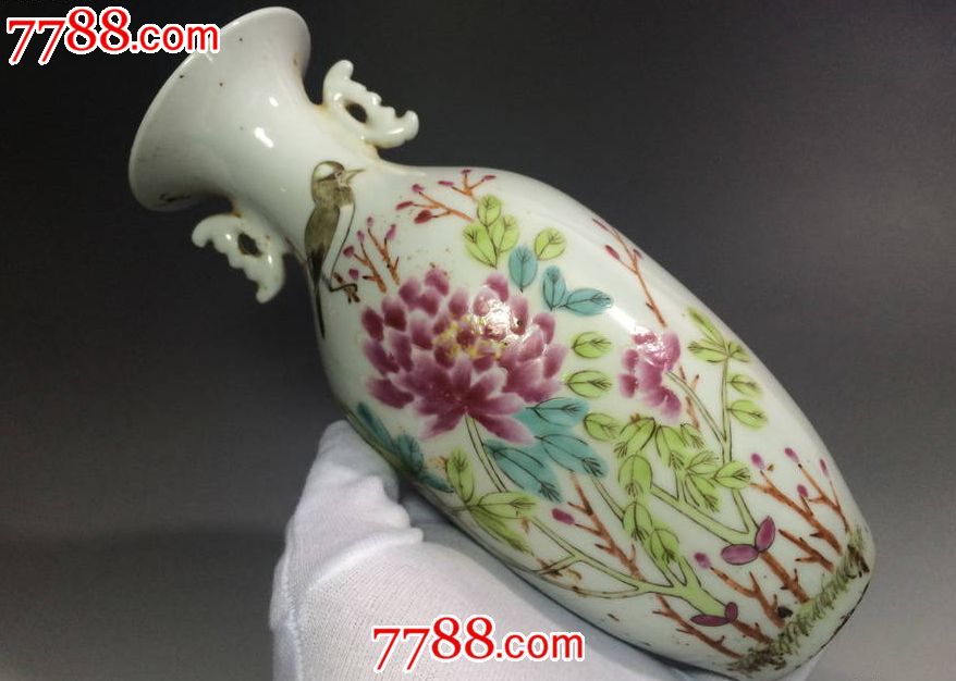 清末民国名家汪眉粉彩花鸟赏瓶