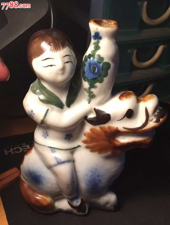 一眼开门的醴陵瓷女娃骑麒麟摆件!