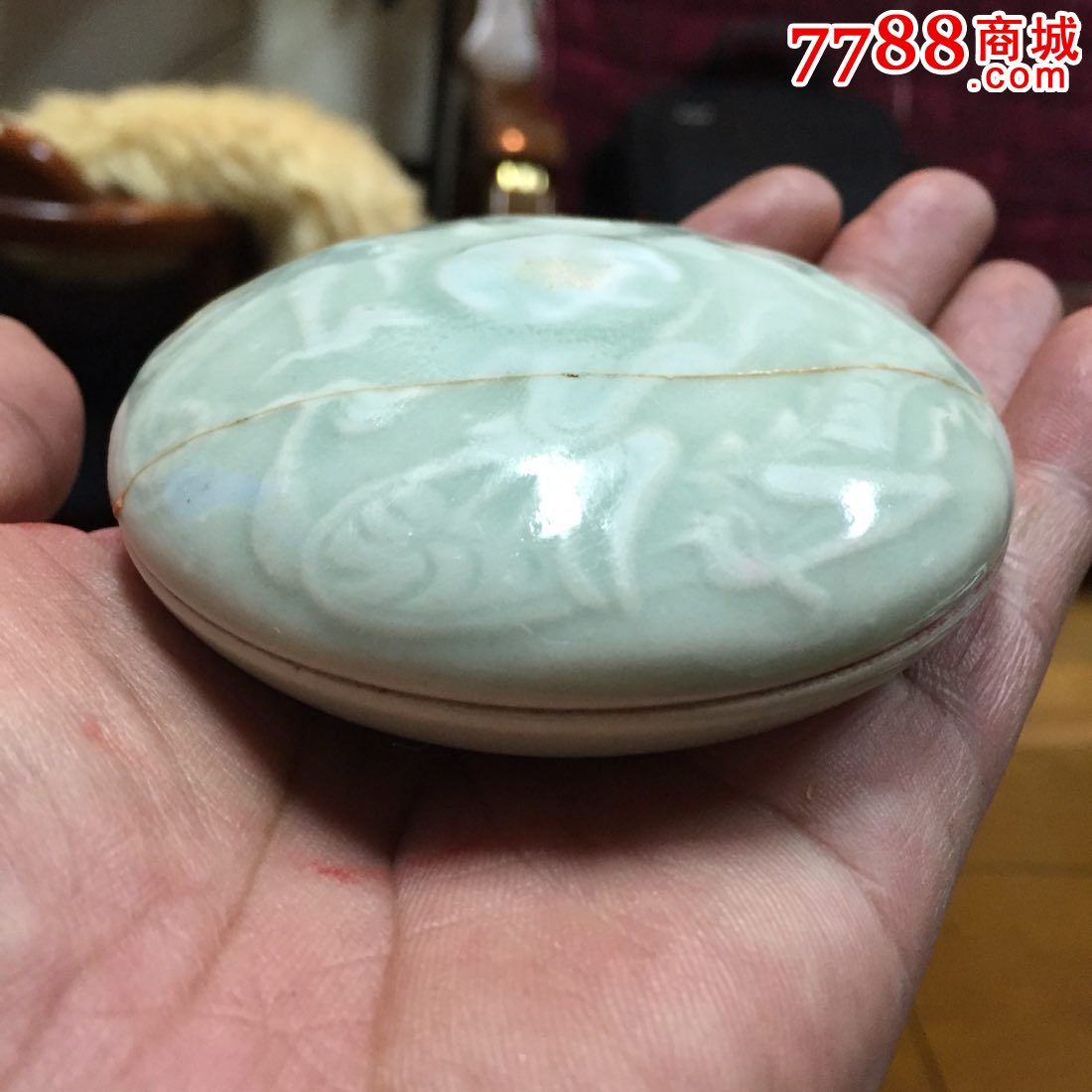 清代豆青釉龙纹印泥盒-青白瓷/影青瓷-7788收藏