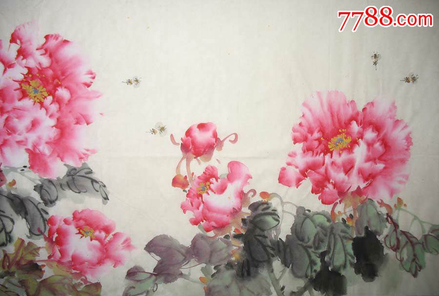 推荐收藏名家莫林四尺对开牡丹精品1812花开富贵真迹