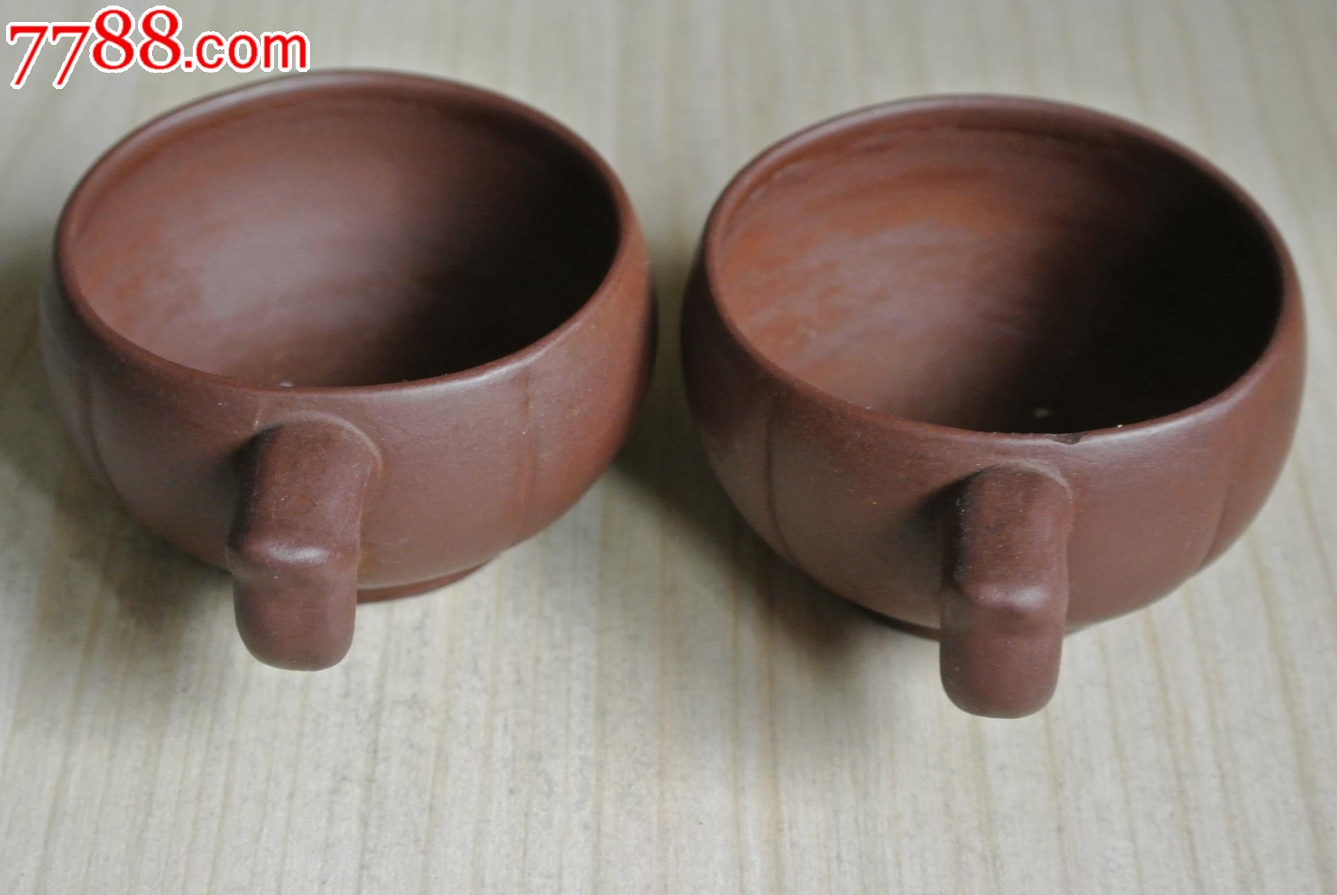 文革紫泥扁福紫砂杯一对老紫砂杯收藏