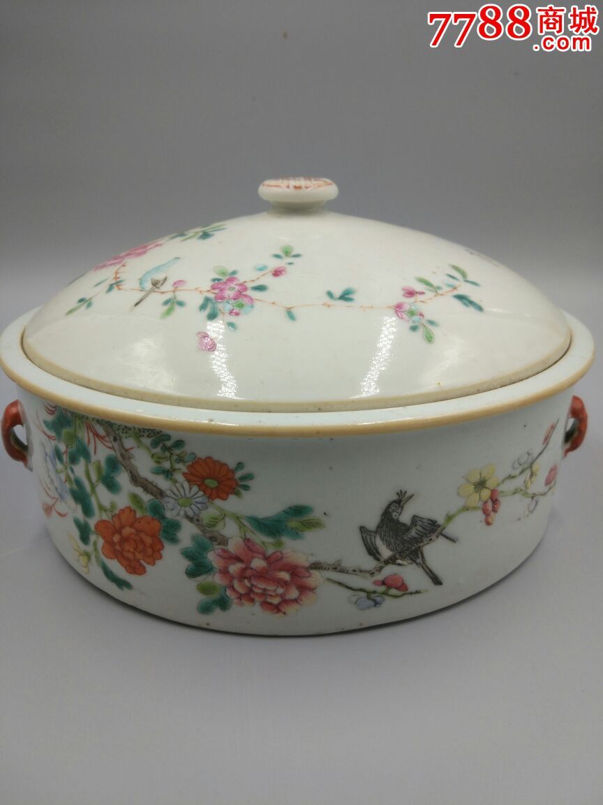 晚清民国名家陈义顺粉彩花鸟一品锅